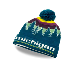 Michigan Forest Sunset Knit Beanie with Pine Tree Landscape