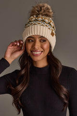 Beige, Mustard & Green Patterned Pom Hat