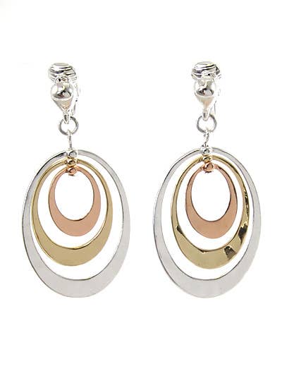 FR2403 TRI-Tone Layered Multi-Oval Hammered Clip Earrings