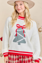 Plaid Tree Knit Sweater with Red Bow – Holiday Pullover