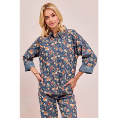 WASHED FLORLA PRINT DENIM JACKET