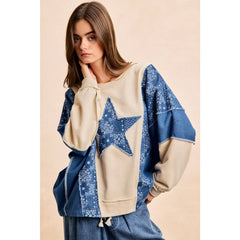 PAISLEY DENIM COMBO FRENCH TERRY STAR PATCH TOP