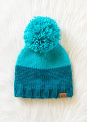 Teal & Dk. Teal Color Block Pom Hat