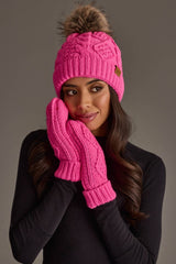 Bright Pink Cable Knit Pom Hat