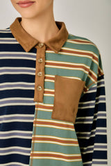 71493 Mixed Stripe Suede Accent Polo Pullover