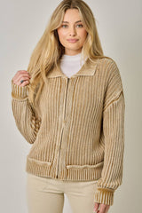 61683 Washed Ribbed Zip-Up Sweater