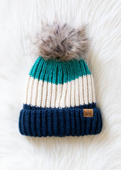 Green, Beige & Navy Color Block Pom Hat