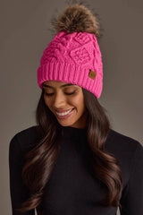 Bright Pink Cable Knit Pom Hat
