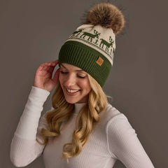 Olive & Beige Deer Patterned Pom Hat