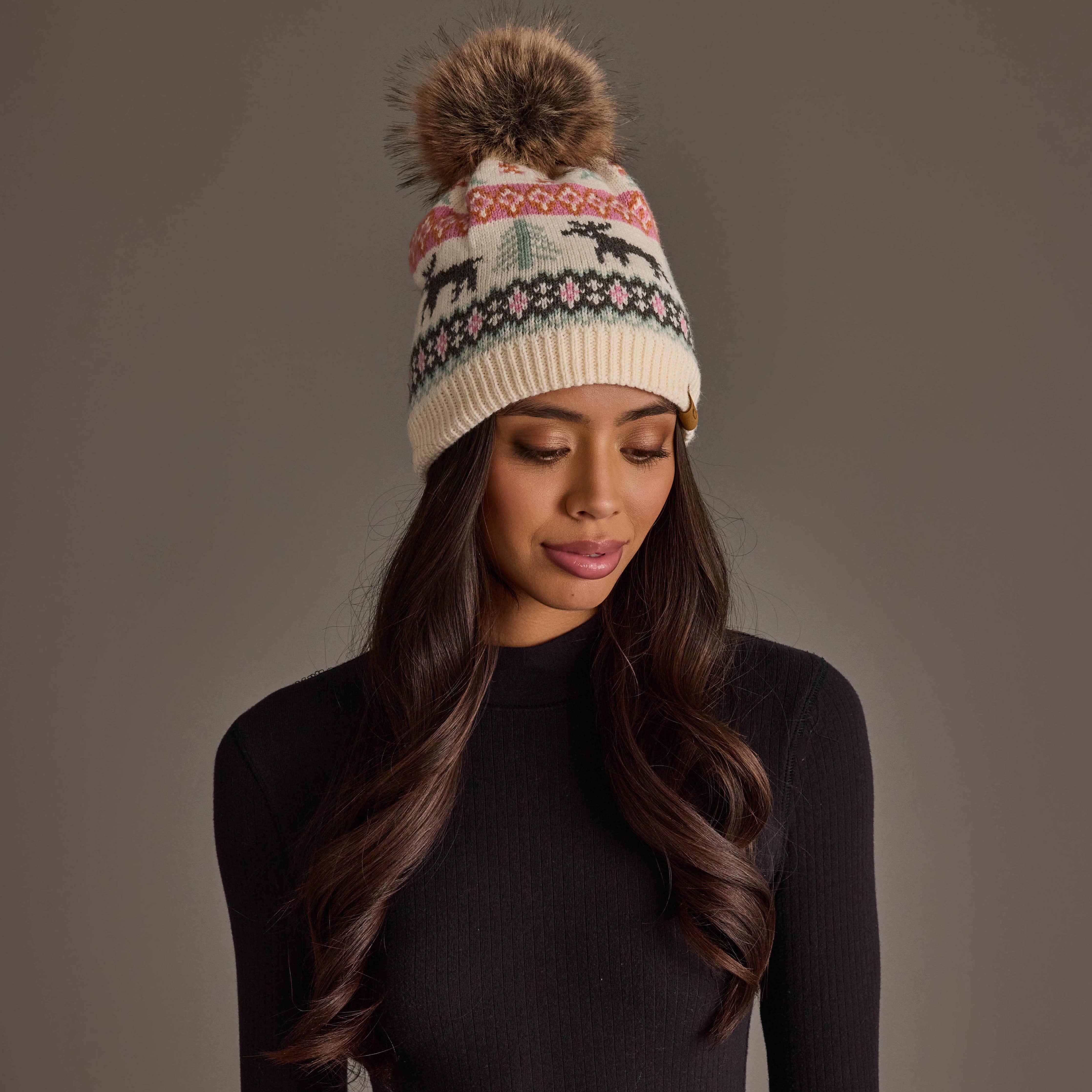 Ivory Deer Winter Pattern Pom Hat