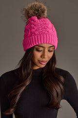 Bright Pink Cable Knit Pom Hat