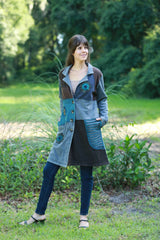 Hippie Boho Coat: Ash Blue Patchwork with Embroidery