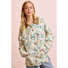 FLOWER PRINTED DENIM JACKET WITH MULTIPLE POCKET