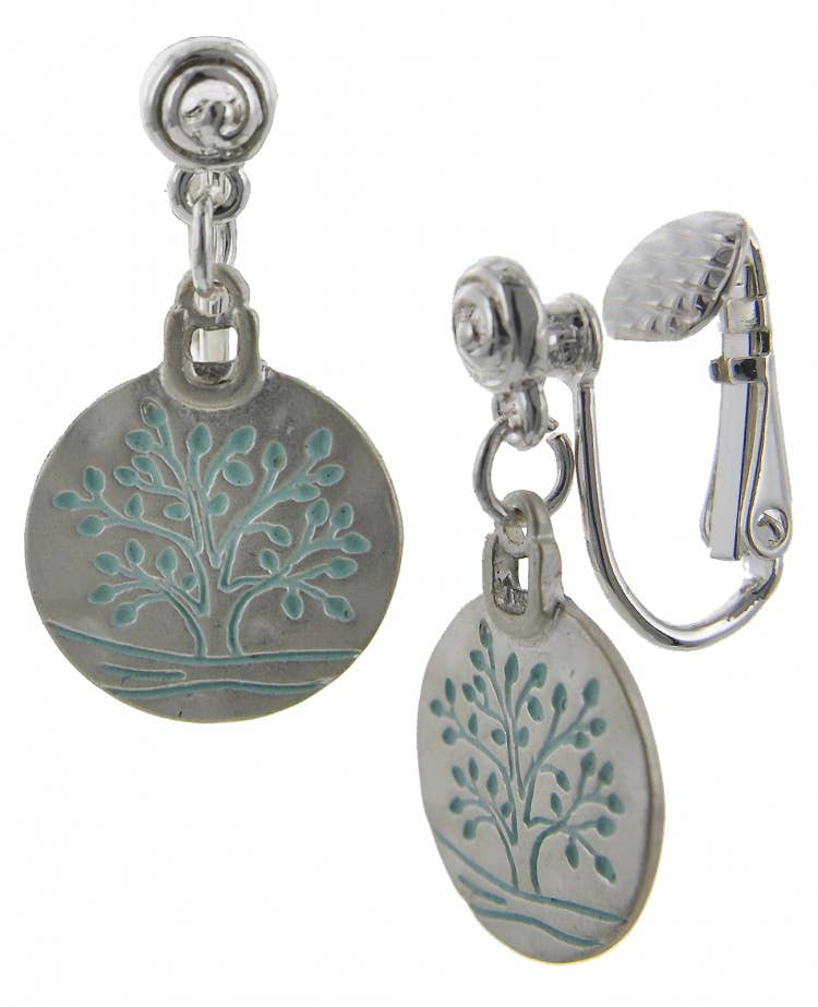 FR5681 Turquoise Tree of Life Round Clip Earrings
