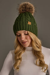 Dk. Green Cable Knit Design Pom Hat