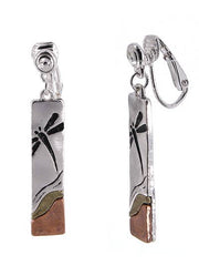 FR4778 Silver Dragonfly Tri-Tone Rectangle Clip Earrings