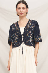 Short Sleeve Embroidered Tie-Front Top