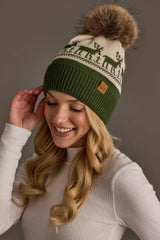 Olive & Beige Deer Patterned Pom Hat