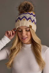 Cream, Gold, Purple & Gray Patterned Pom Hat