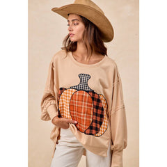 PLAID PUMPKIN PATCHWORK FRENCH TERRY SWEATSHIRT