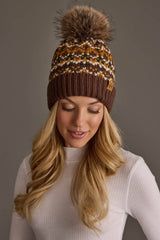 Brown, Mustard & Cream Patterned Pom Hat
