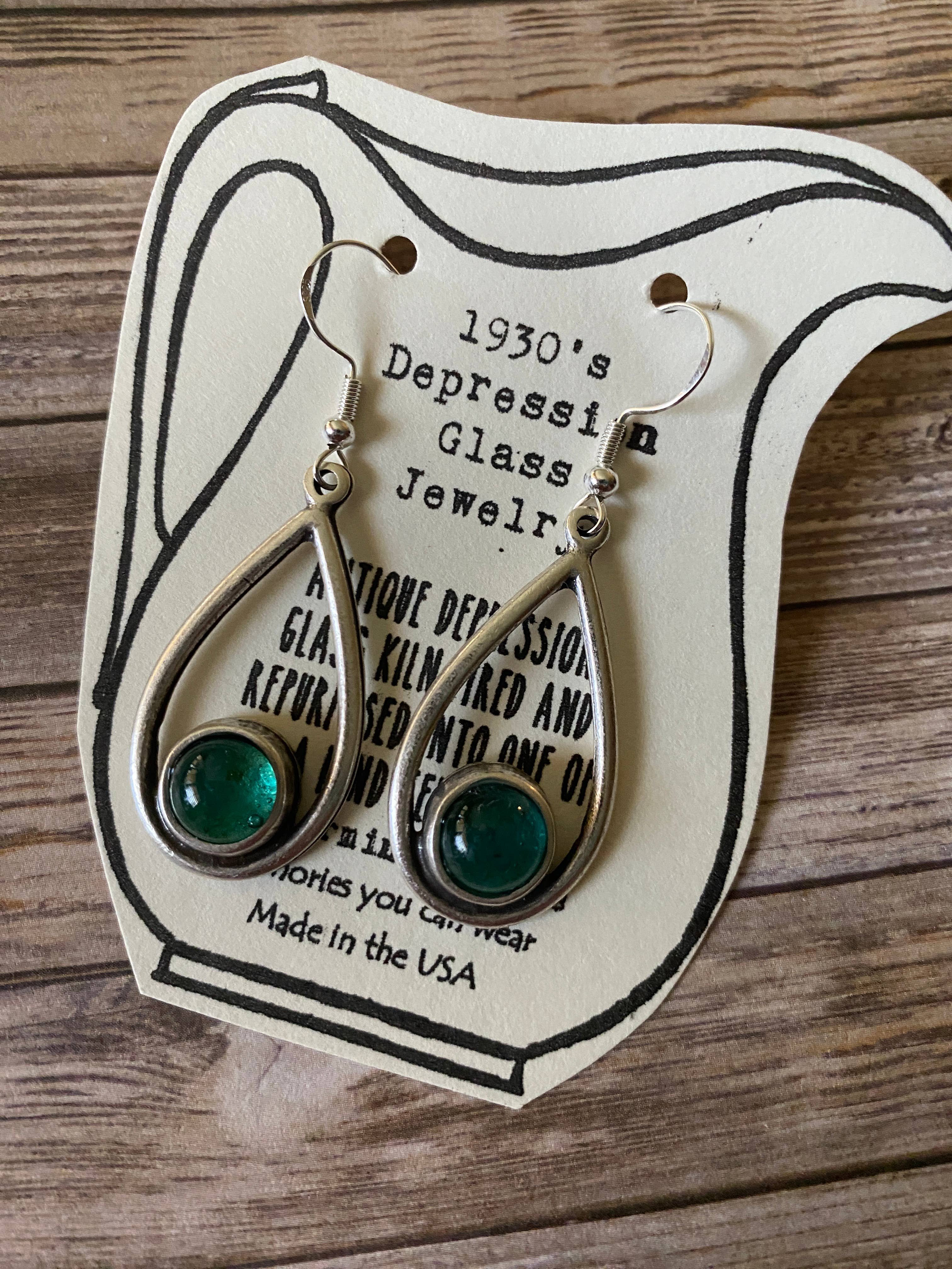 Depression Glass Teal teardrop sterling silver earrings 