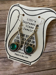 Depression Glass Teal teardrop sterling silver earrings 