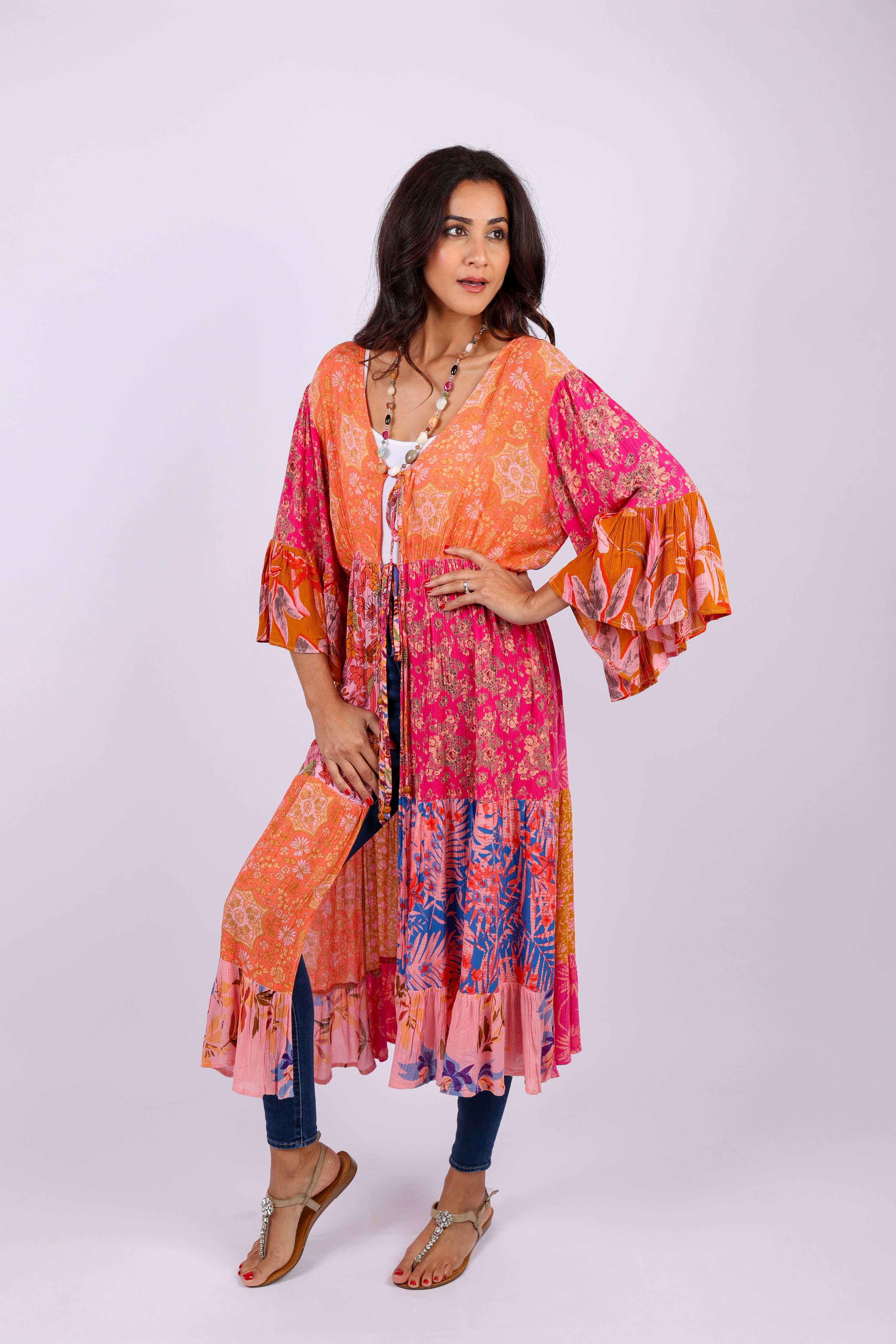 3/4 Bell Sleeve Cover-Up: Rose Meadown Patchwork