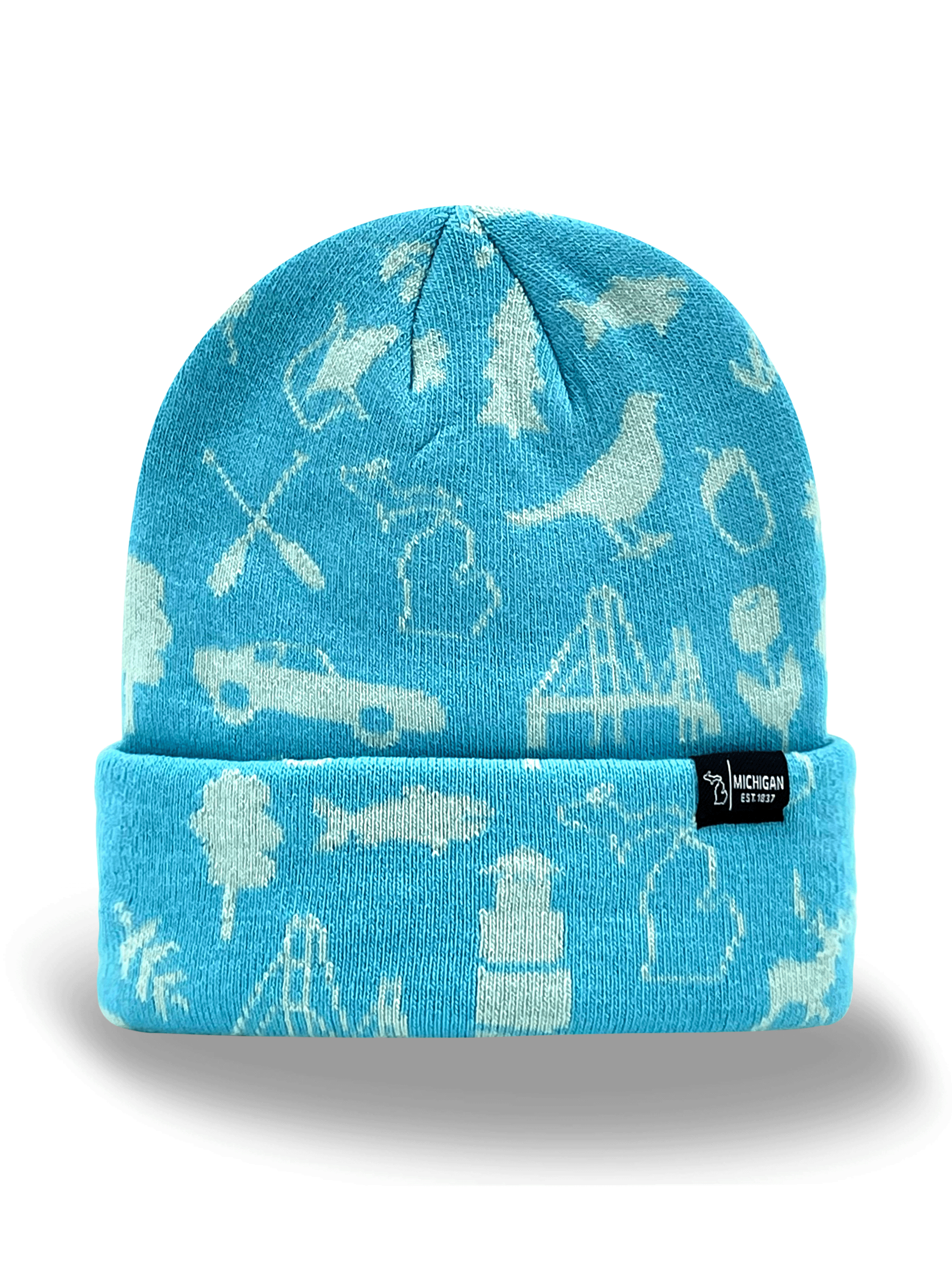 Michigan Knit Beanie Hat – State Icons, Winter Warm, Great Lakes Travel Souvenir Gift