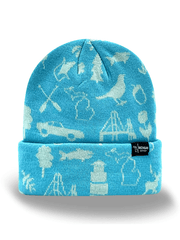 Michigan Knit Beanie Hat – State Icons, Winter Warm, Great Lakes Travel Souvenir Gift