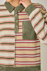 71493 Mixed Stripe Suede Accent Polo Pullover