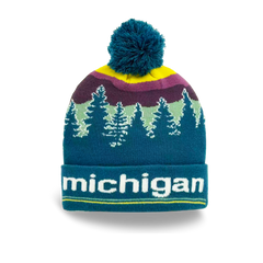 Michigan Forest Sunset Knit Beanie with Pine Tree Landscape