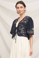 Short Sleeve Embroidered Tie-Front Top