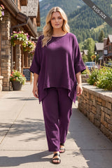 PLUS SIZE 100% Cotton Poncho Style Top + Pull On Pant Set