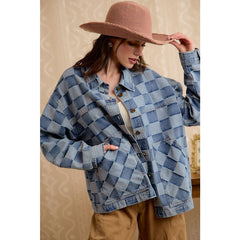 WASHED CHECKER DENIM JACKET WITH OVERSIZED POCKET