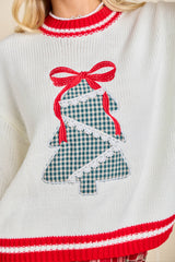 Plaid Tree Knit Sweater with Red Bow – Holiday Pullover
