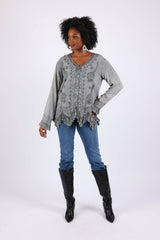 Embroidered Vintage Boho Top Blouse: Earthy Stonewashed