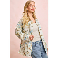 FLOWER PRINTED DENIM JACKET WITH MULTIPLE POCKET