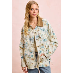 FLOWER PRINTED DENIM JACKET WITH MULTIPLE POCKET