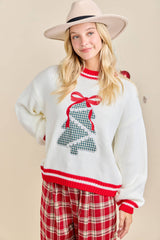 Plaid Tree Knit Sweater with Red Bow – Holiday Pullover