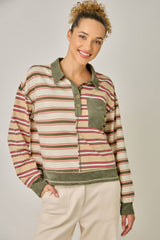 71493 Mixed Stripe Suede Accent Polo Pullover