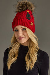 Red Cable Knit Pom Hat w/ Embroidered Tree