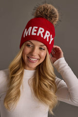 Red Merry Knit Pom Hat
