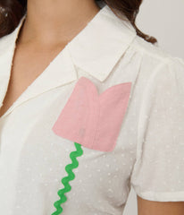 Unique Vintage White Swiss Dot & Tulip Notched Collar Blouse