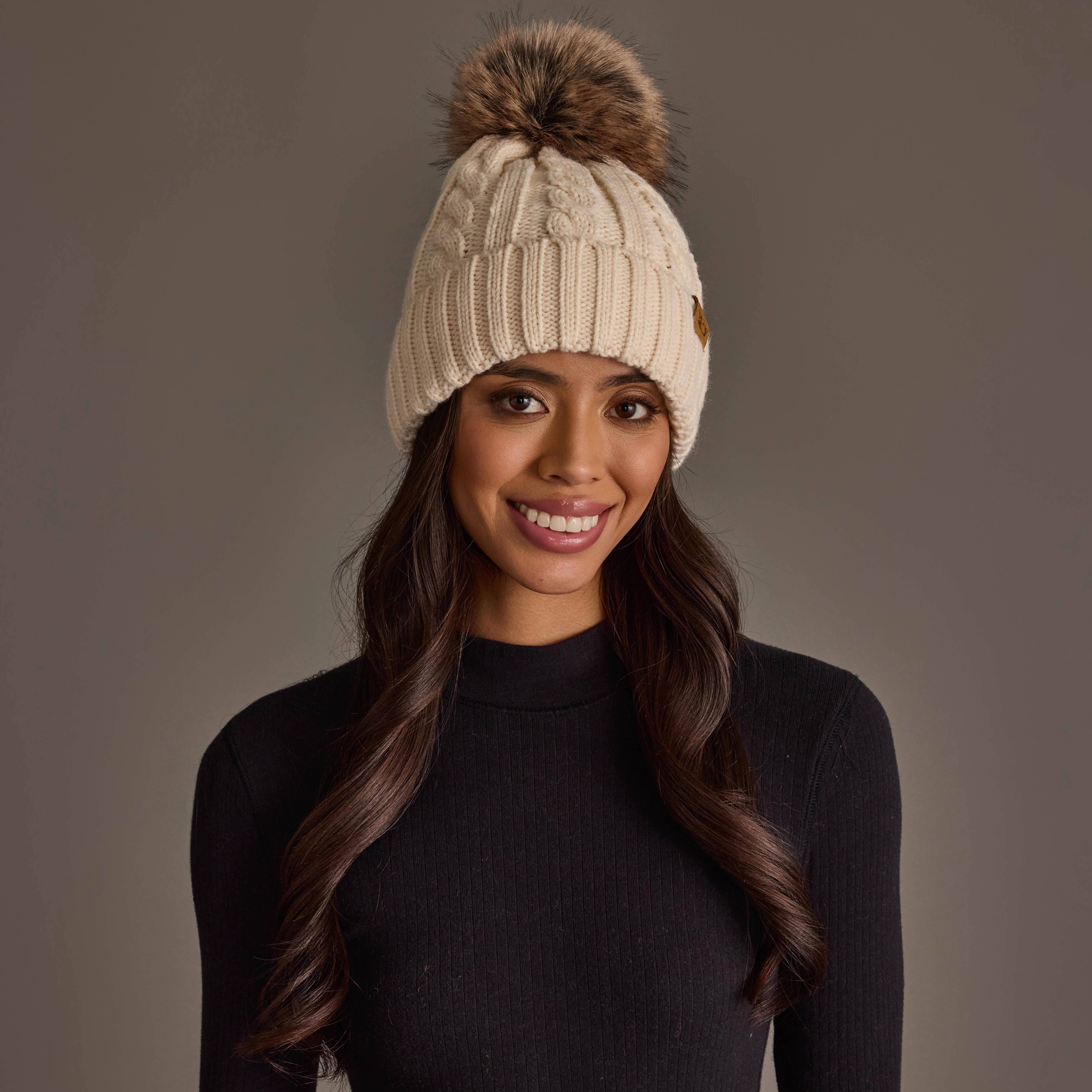 Cream Cable Knit Design Pom Hat