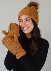 Camel Cable Knit Pom Hat