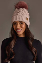 Lt. Pink Cable Knit Hat with Dk. Pink Pom