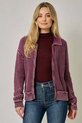 61683 Washed Ribbed Zip-Up Sweater