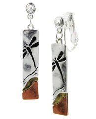 FR4778 Silver Dragonfly Tri-Tone Rectangle Clip Earrings