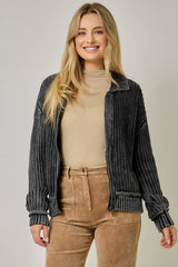 61683 Washed Ribbed Zip-Up Sweater